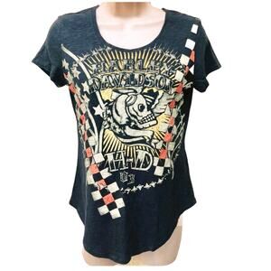 Harley Davidson Winged Skull Womens XL Scoop Neck Gray Graphic Tee Tattoo Biker